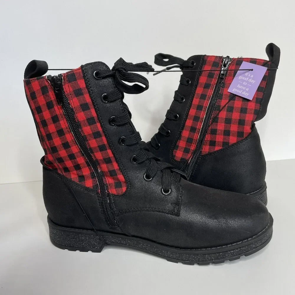 MIA‎ Kids Boots Youth Girls 4  Kissia Side Zip Combat Black & Red Plaid Holiday